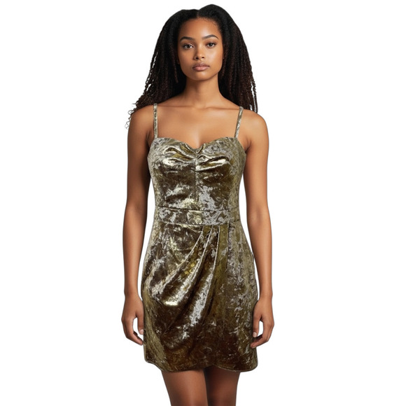 Zara Dresses & Skirts - Zara Women's Mini Dress XS Burnished Gold Metallic Velvet Faux Wrap Sleeveless